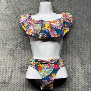 Trina Turk Blue Multicolor Ruffle Off-Shoulder Bikini Set